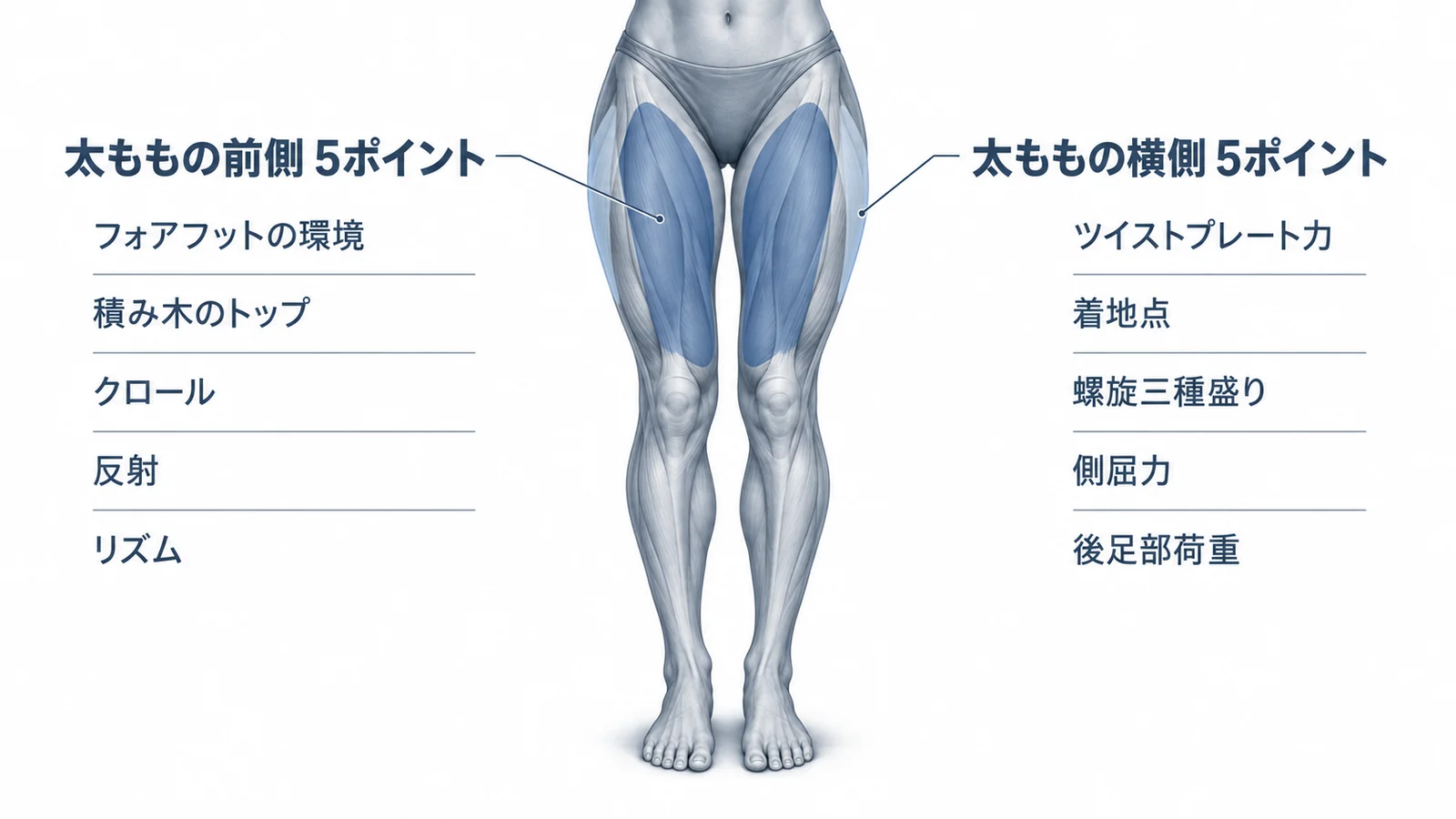 太ももの前側5ポイント：フォアフットの環境、積み木のトップ、クロール、反射、リズム。太ももの横側5ポイント：ツイストプレート力、着地点、螺旋三種盛り、側屈力、後足部荷重