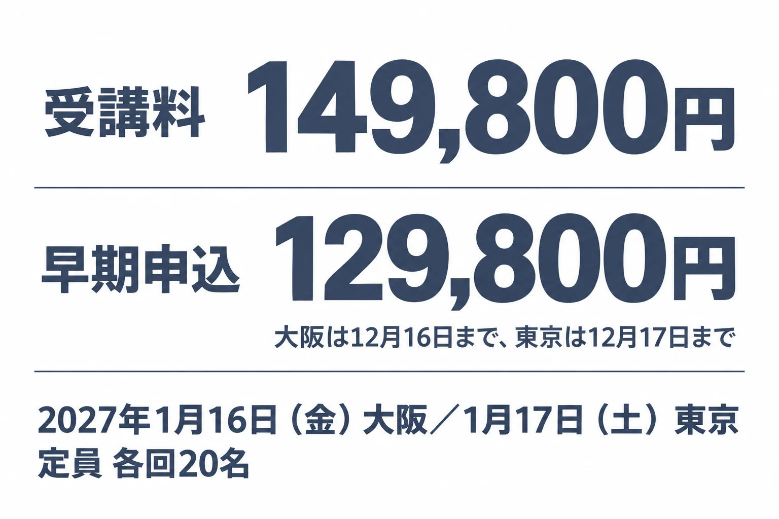 受講料 149,800円　早期申込 129,800円（大阪は12月16日まで、東京は12月17日まで）　2027年1月16日（金）大阪／1月17日（土）東京　定員 各回20名
